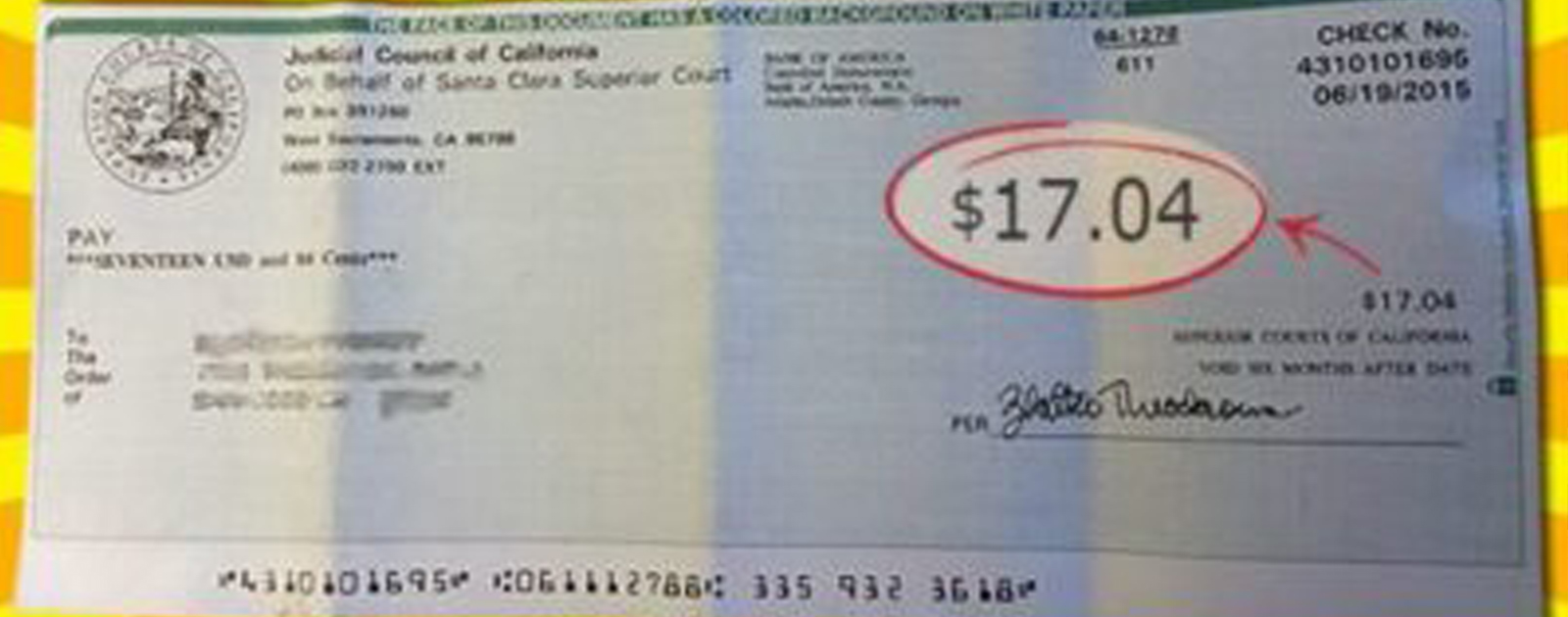 A check for $17.04 represents low juror pay