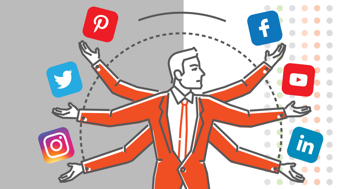 Man in suit juggles social media account logos