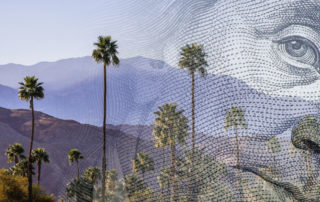 palm trees and mountains with an image of money overlaid