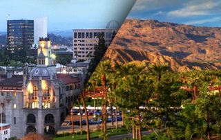 a split image showing the city of riverside contrasted with the coachella valley