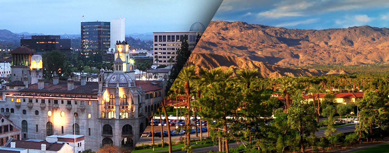 a split image showing the city of riverside contrasted with the coachella valley