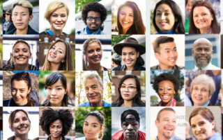 a grid photo shows many faces of working age people