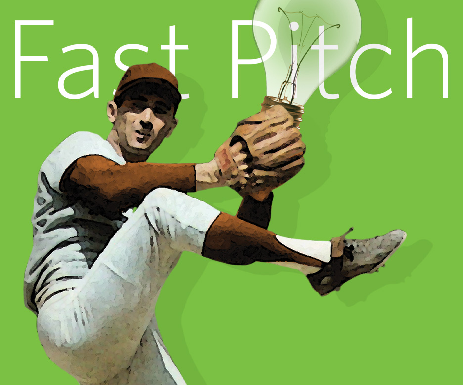 green background with a pitcher making a 'fast pitch' with a lightbulb, representing an idea
