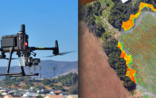 split screen with an aerial drone on the left and thermal imaging of the ground on the right.
