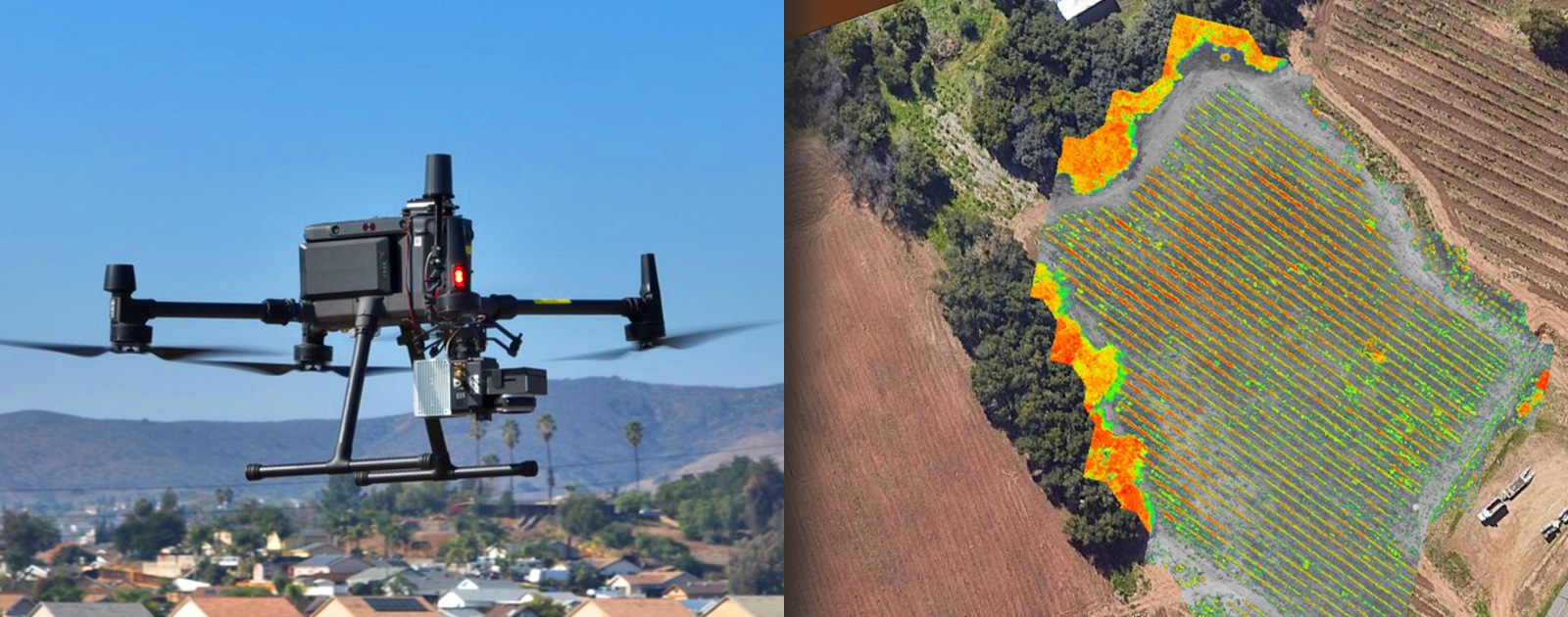 split screen with an aerial drone on the left and thermal imaging of the ground on the right.